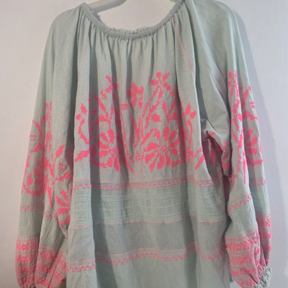 Free People Poet Embroidered Blouse Womens Sz M Medium Mint & Pink Boho Festival - Picture 6 of 6